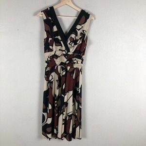 Sandra Darren Dress Black Cream Floral Ruched Sleeveless V Neck A Line Womens 12